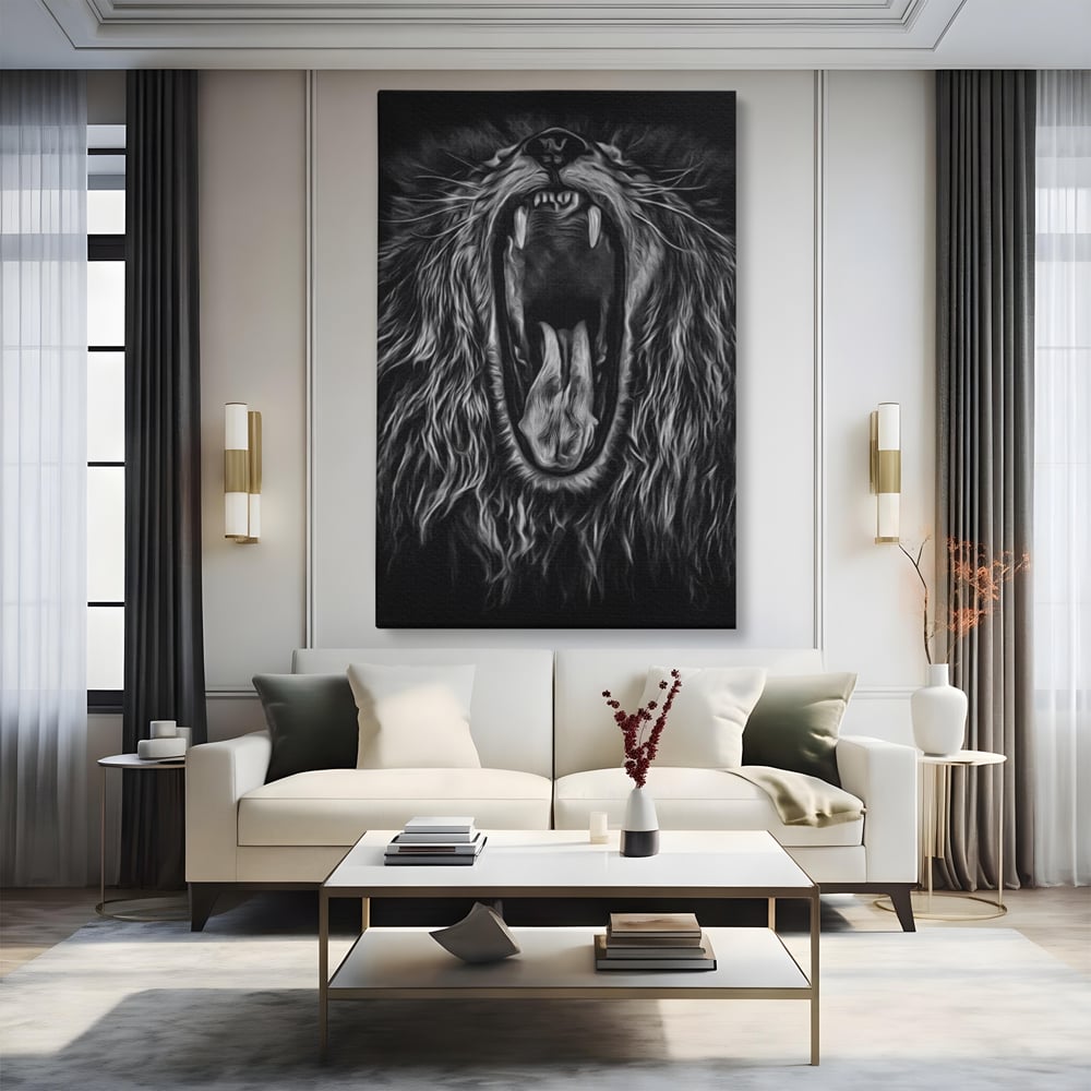 Tablou Canvas Premium, LuxCanva® M1385, Chemarea Strabunilor, Leu, Regele Junglei, Raget, Alb si Negru, Putere, Furie, Dramatic, Animal, Salbatic, Birou, Living, Camera Copil