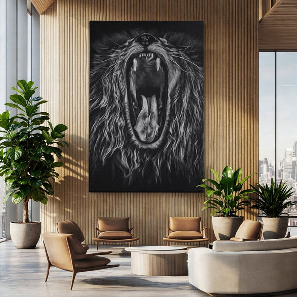 Tablou Canvas Premium, LuxCanva® M1385, Chemarea Strabunilor, Leu, Regele Junglei, Raget, Alb si Negru, Putere, Furie, Dramatic, Animal, Salbatic, Birou, Living, Camera Copil
