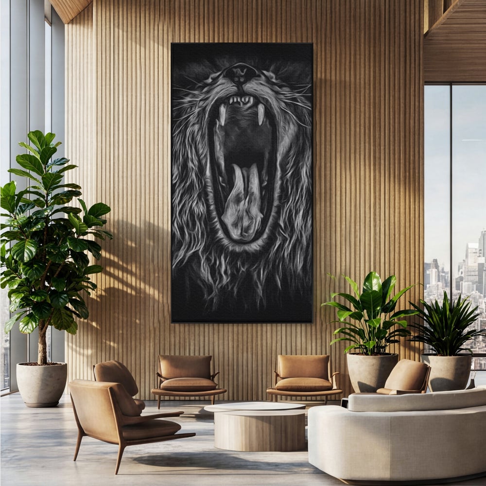 Tablou Canvas Premium, LuxCanva® M1385, Chemarea Strabunilor, Leu, Regele Junglei, Raget, Alb si Negru, Putere, Furie, Dramatic, Animal, Salbatic, Birou, Living, Camera Copil