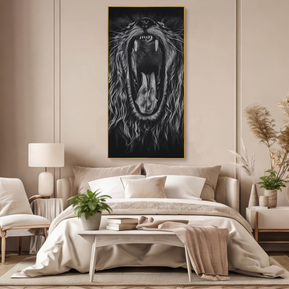 Tablou Canvas Premium, LuxCanva® M1385, Chemarea Strabunilor, Leu, Regele Junglei, Raget, Alb si Negru, Putere, Furie, Dramatic, Animal, Salbatic, Birou, Living, Camera Copil