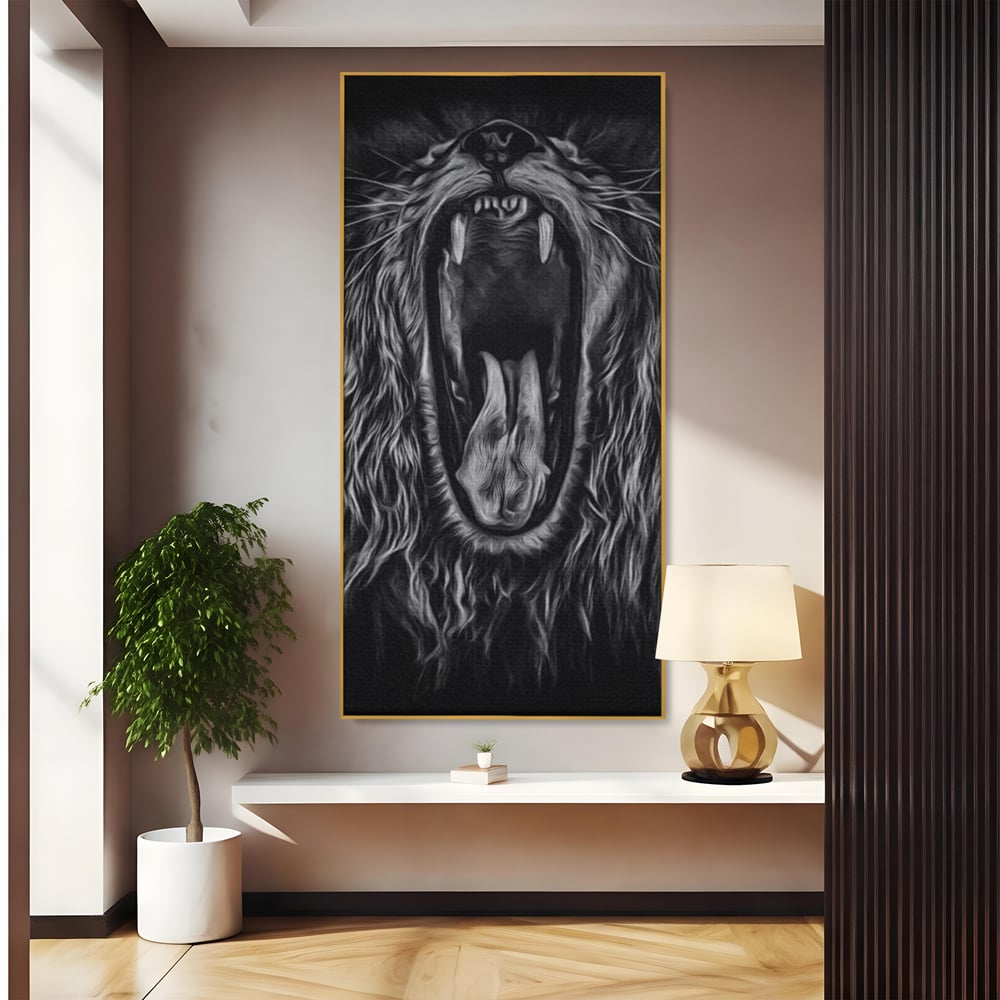 Tablou Canvas Premium, LuxCanva® M1385, Chemarea Strabunilor, Leu, Regele Junglei, Raget, Alb si Negru, Putere, Furie, Dramatic, Animal, Salbatic, Birou, Living, Camera Copil
