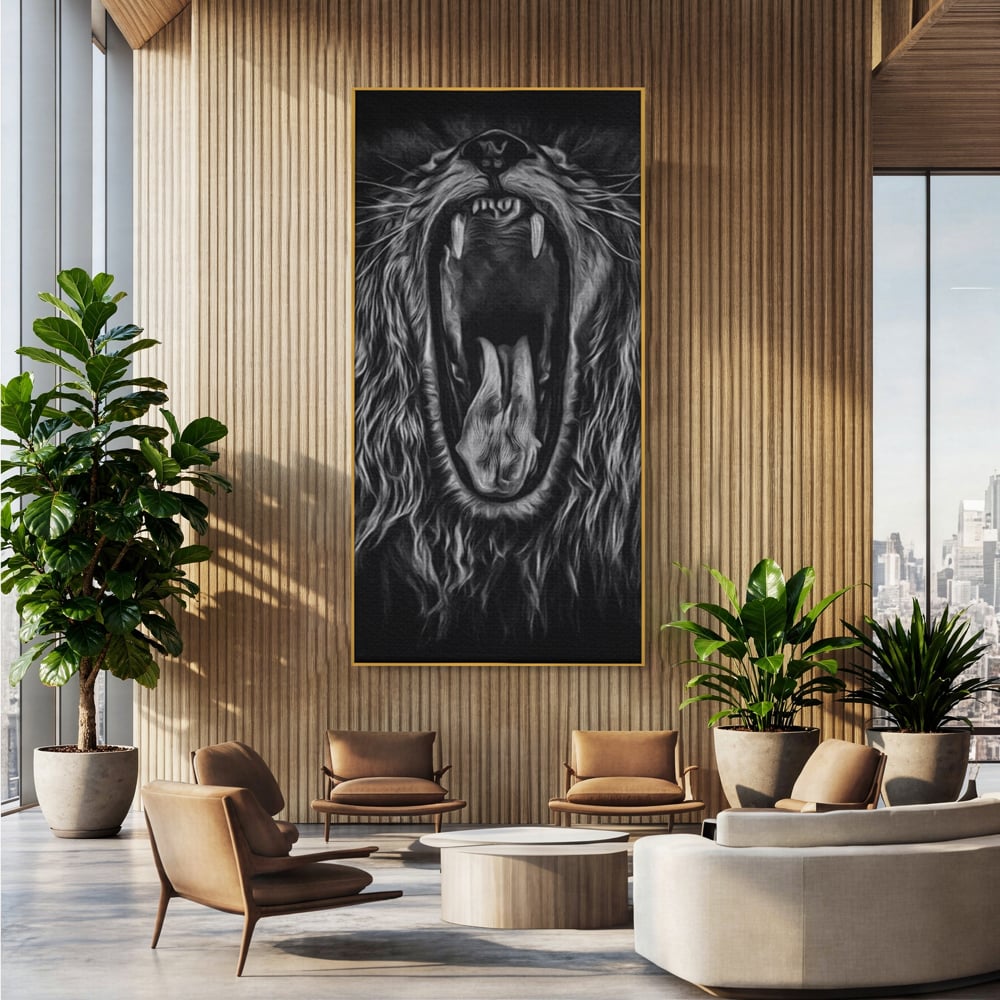Tablou Canvas Premium, LuxCanva® M1385, Chemarea Strabunilor, Leu, Regele Junglei, Raget, Alb si Negru, Putere, Furie, Dramatic, Animal, Salbatic, Birou, Living, Camera Copil