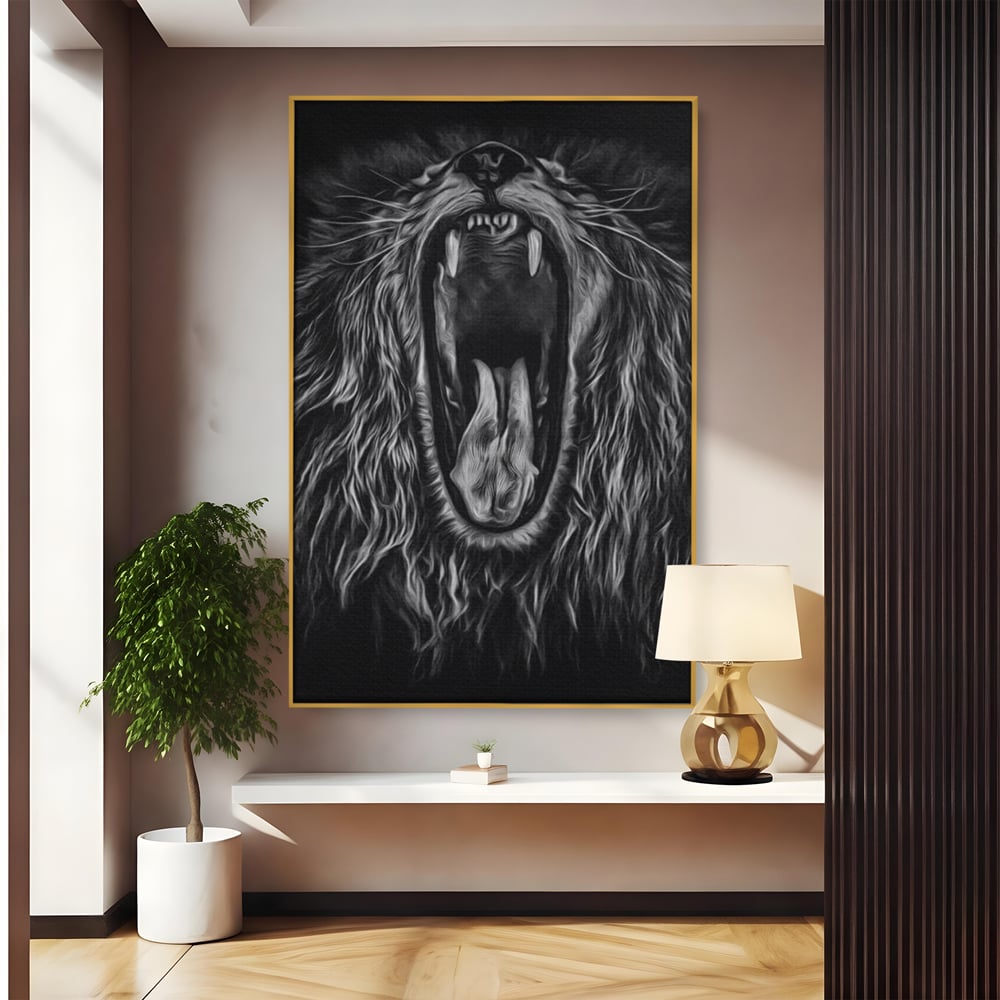 Tablou Canvas Premium, LuxCanva® M1385, Chemarea Strabunilor, Leu, Regele Junglei, Raget, Alb si Negru, Putere, Furie, Dramatic, Animal, Salbatic, Birou, Living, Camera Copil