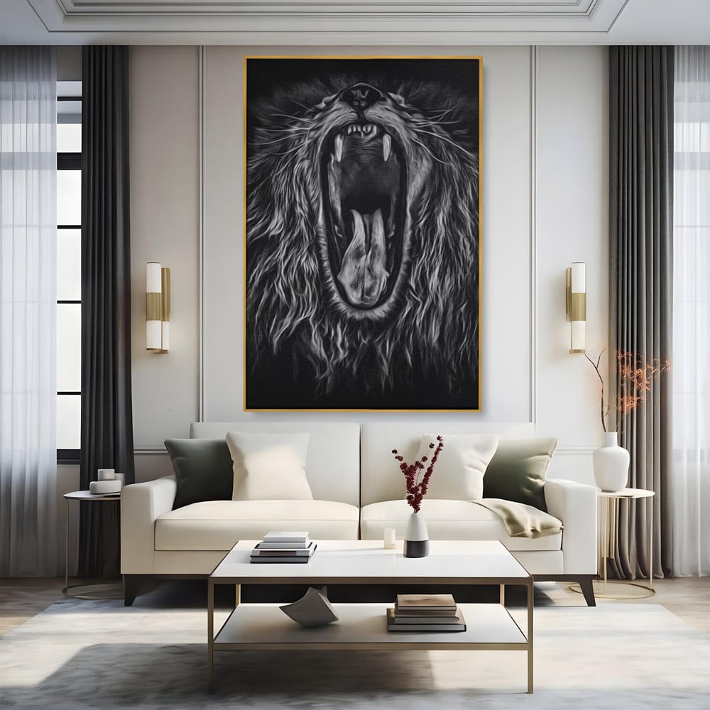 Tablou Canvas Premium, LuxCanva® M1385, Chemarea Strabunilor, Leu, Regele Junglei, Raget, Alb si Negru, Putere, Furie, Dramatic, Animal, Salbatic, Birou, Living, Camera Copil