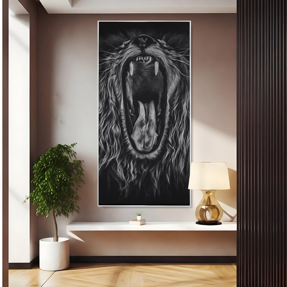 Tablou Canvas Premium, LuxCanva® M1385, Chemarea Strabunilor, Leu, Regele Junglei, Raget, Alb si Negru, Putere, Furie, Dramatic, Animal, Salbatic, Birou, Living, Camera Copil