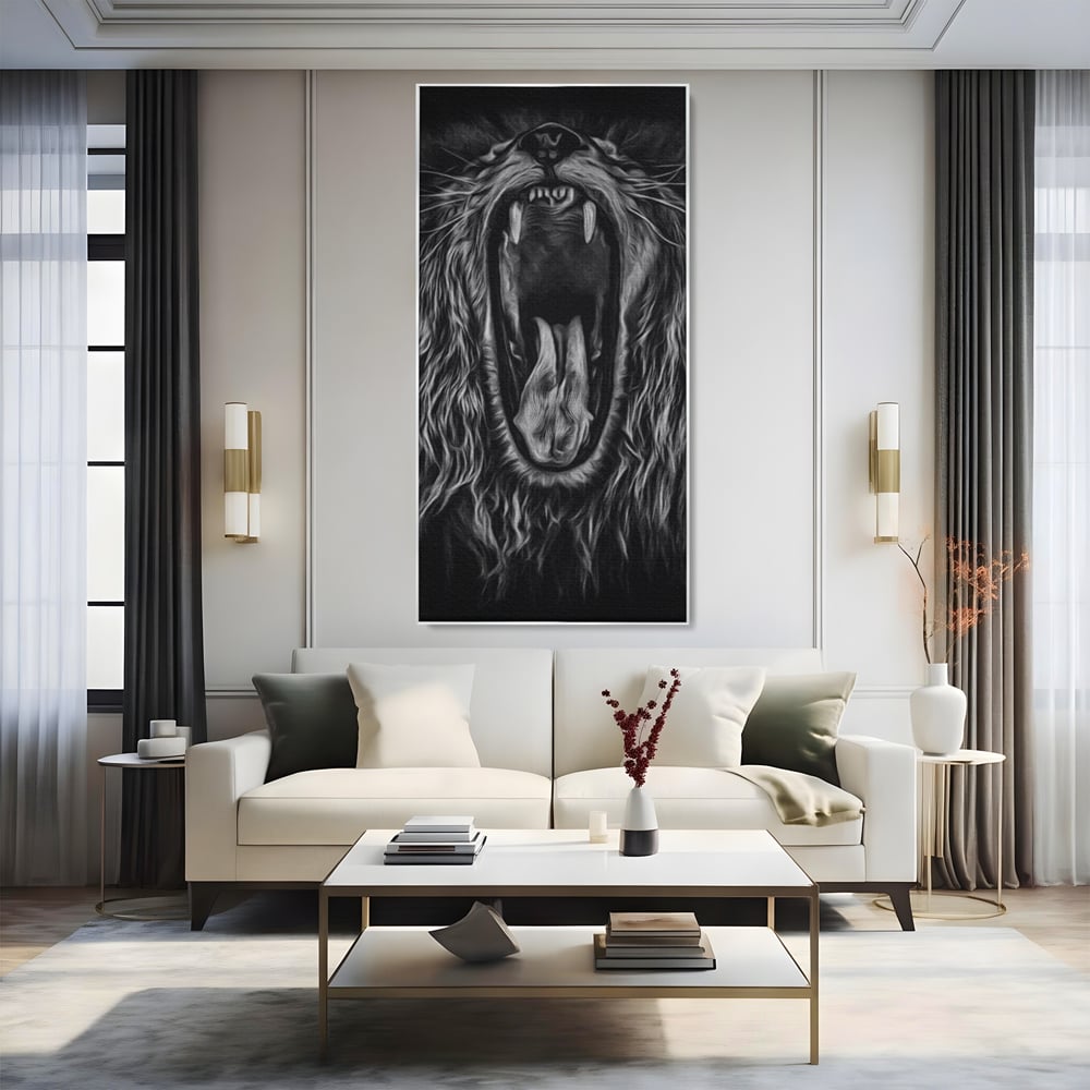 Tablou Canvas Premium, LuxCanva® M1385, Chemarea Strabunilor, Leu, Regele Junglei, Raget, Alb si Negru, Putere, Furie, Dramatic, Animal, Salbatic, Birou, Living, Camera Copil