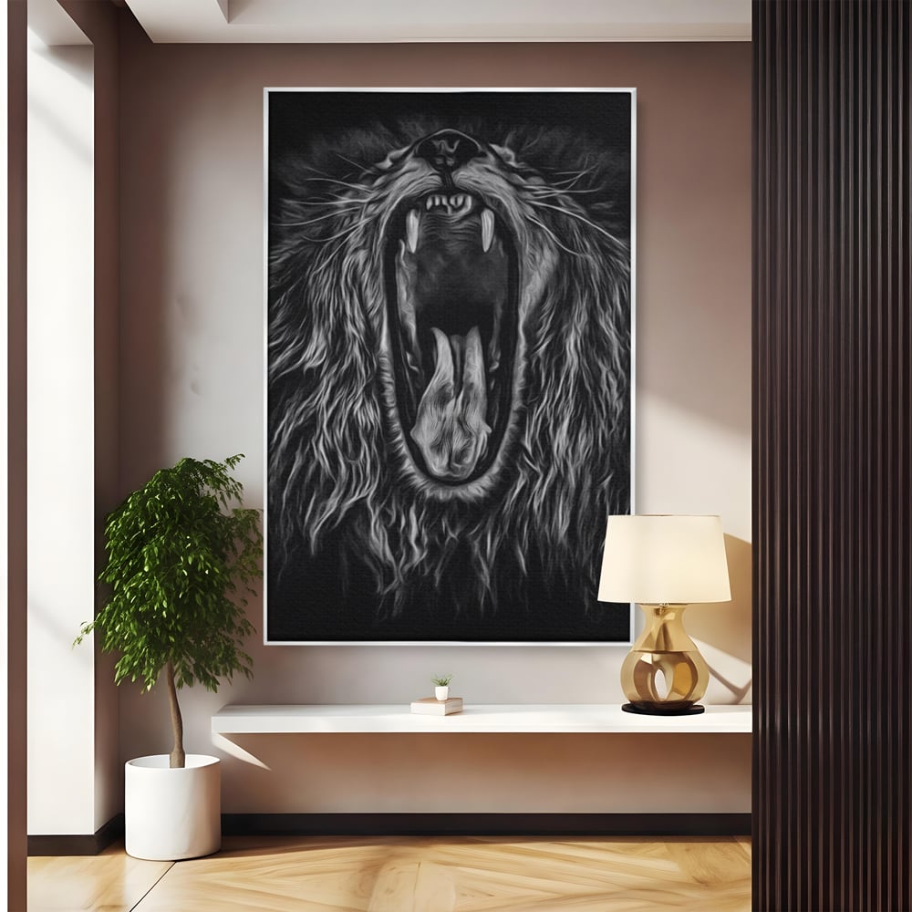 Tablou Canvas Premium, LuxCanva® M1385, Chemarea Strabunilor, Leu, Regele Junglei, Raget, Alb si Negru, Putere, Furie, Dramatic, Animal, Salbatic, Birou, Living, Camera Copil