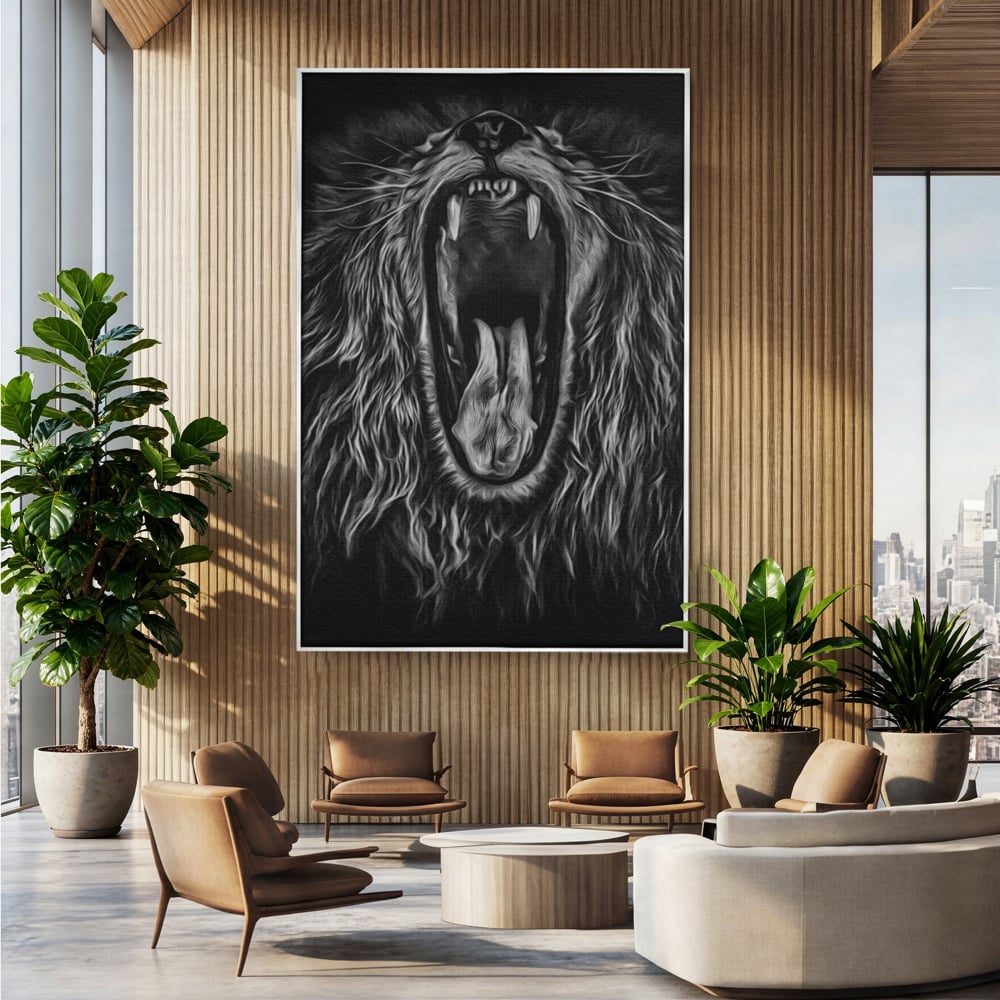 Tablou Canvas Premium, LuxCanva® M1385, Chemarea Strabunilor, Leu, Regele Junglei, Raget, Alb si Negru, Putere, Furie, Dramatic, Animal, Salbatic, Birou, Living, Camera Copil