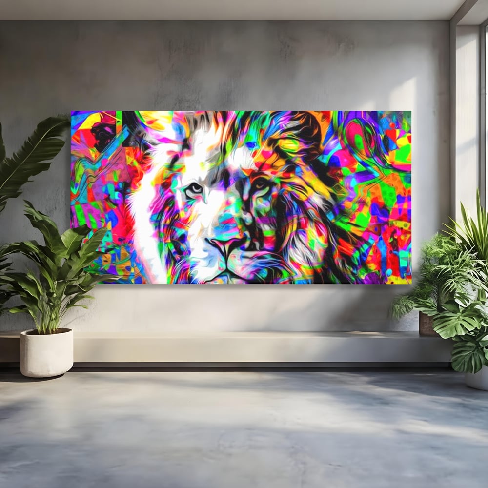 Leinwandbilder Premium, LuxCanva® M1386, Fury of Colours, Pop Art, Graffiti, Urban, Moderne Kunst, Löwe, Tier, König des Dschungels, Multicolor, Neon, Büro, Wohnen, Kinderzimmer