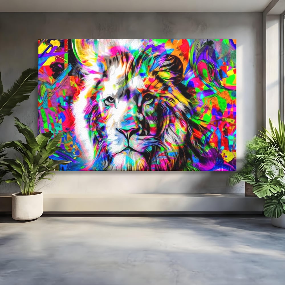 Leinwandbilder Premium, LuxCanva® M1386, Fury of Colours, Pop Art, Graffiti, Urban, Moderne Kunst, Löwe, Tier, König des Dschungels, Multicolor, Neon, Büro, Wohnen, Kinderzimmer