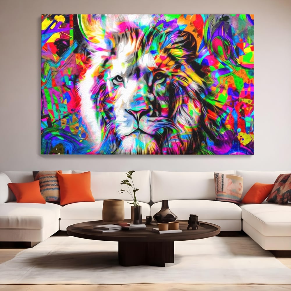 Leinwandbilder Premium, LuxCanva® M1386, Fury of Colours, Pop Art, Graffiti, Urban, Moderne Kunst, Löwe, Tier, König des Dschungels, Multicolor, Neon, Büro, Wohnen, Kinderzimmer