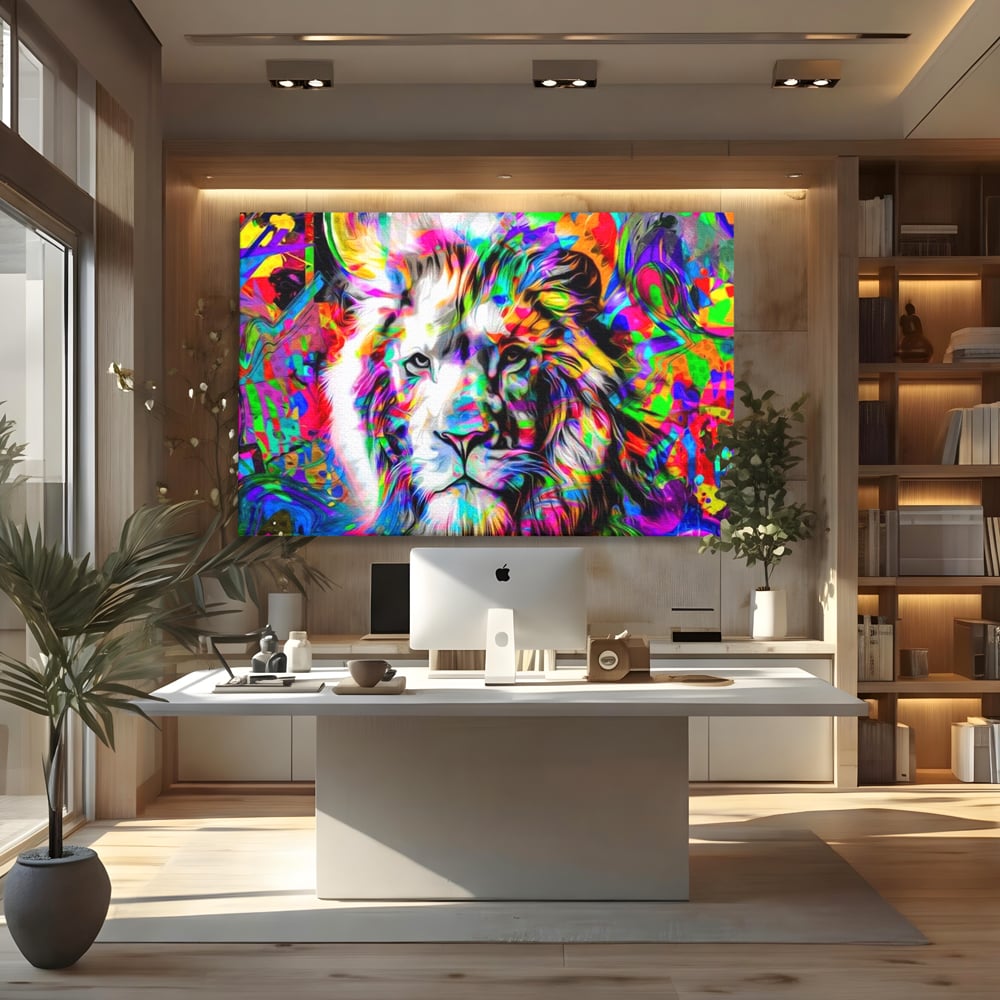 Leinwandbilder Premium, LuxCanva® M1386, Fury of Colours, Pop Art, Graffiti, Urban, Moderne Kunst, Löwe, Tier, König des Dschungels, Multicolor, Neon, Büro, Wohnen, Kinderzimmer