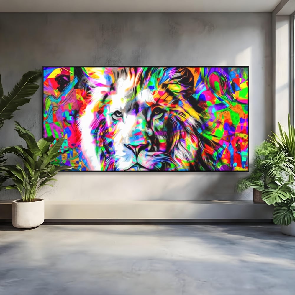 Leinwandbilder Premium, LuxCanva® M1386, Fury of Colours, Pop Art, Graffiti, Urban, Moderne Kunst, Löwe, Tier, König des Dschungels, Multicolor, Neon, Büro, Wohnen, Kinderzimmer
