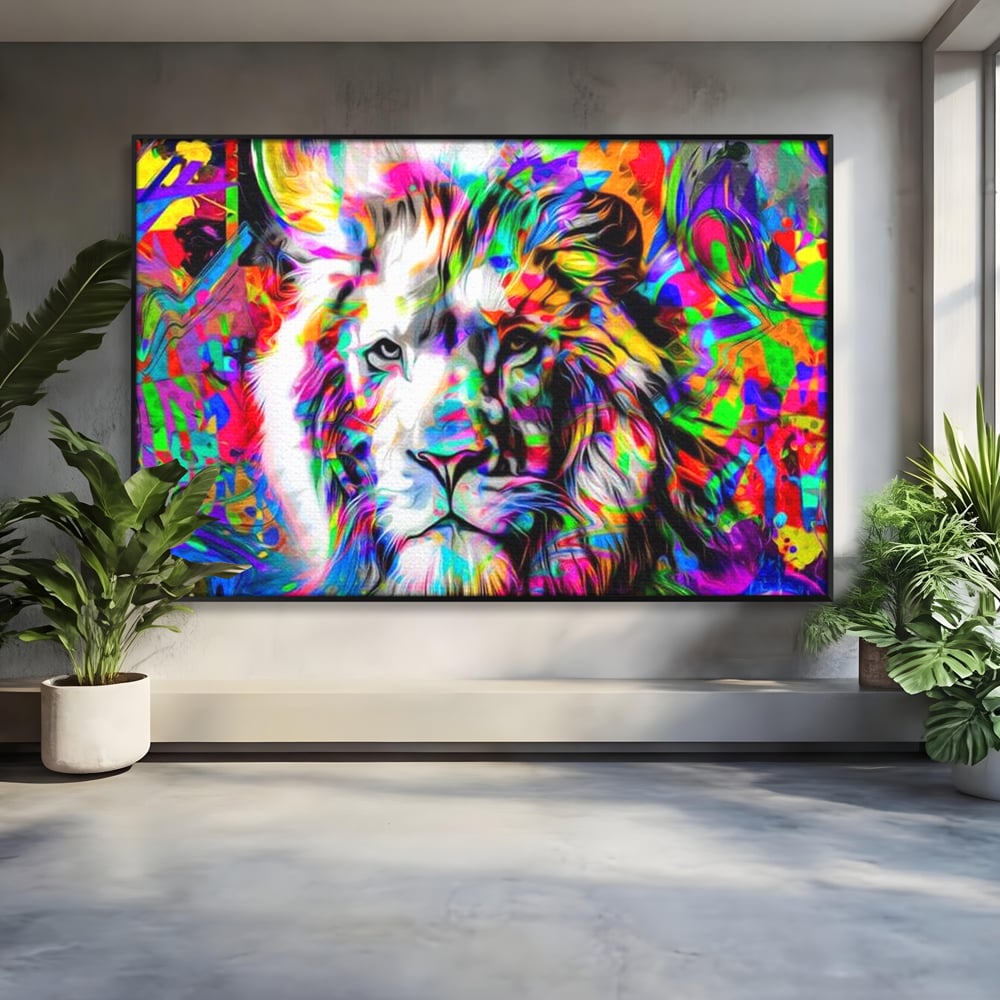 Leinwandbilder Premium, LuxCanva® M1386, Fury of Colours, Pop Art, Graffiti, Urban, Moderne Kunst, Löwe, Tier, König des Dschungels, Multicolor, Neon, Büro, Wohnen, Kinderzimmer