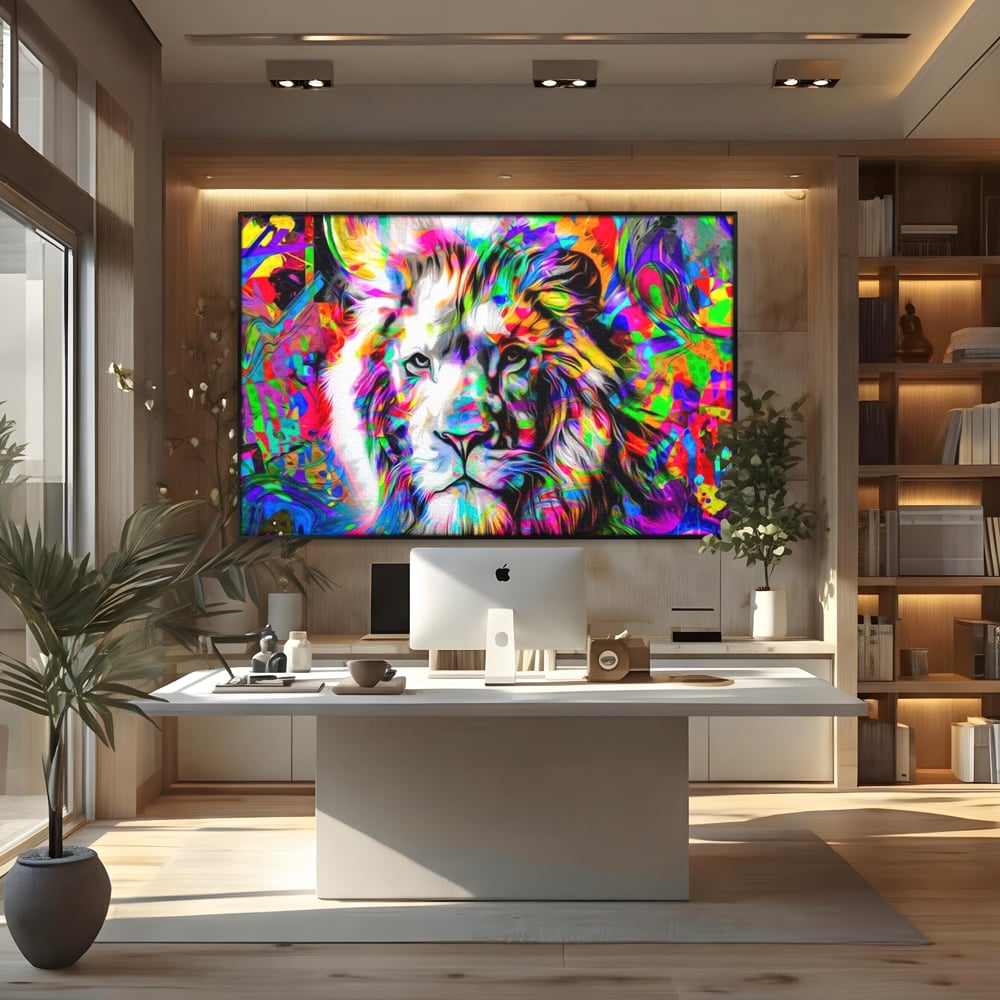 Leinwandbilder Premium, LuxCanva® M1386, Fury of Colours, Pop Art, Graffiti, Urban, Moderne Kunst, Löwe, Tier, König des Dschungels, Multicolor, Neon, Büro, Wohnen, Kinderzimmer