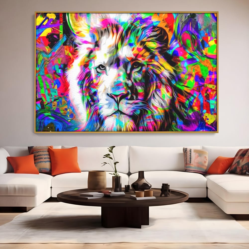 Leinwandbilder Premium, LuxCanva® M1386, Fury of Colours, Pop Art, Graffiti, Urban, Moderne Kunst, Löwe, Tier, König des Dschungels, Multicolor, Neon, Büro, Wohnen, Kinderzimmer
