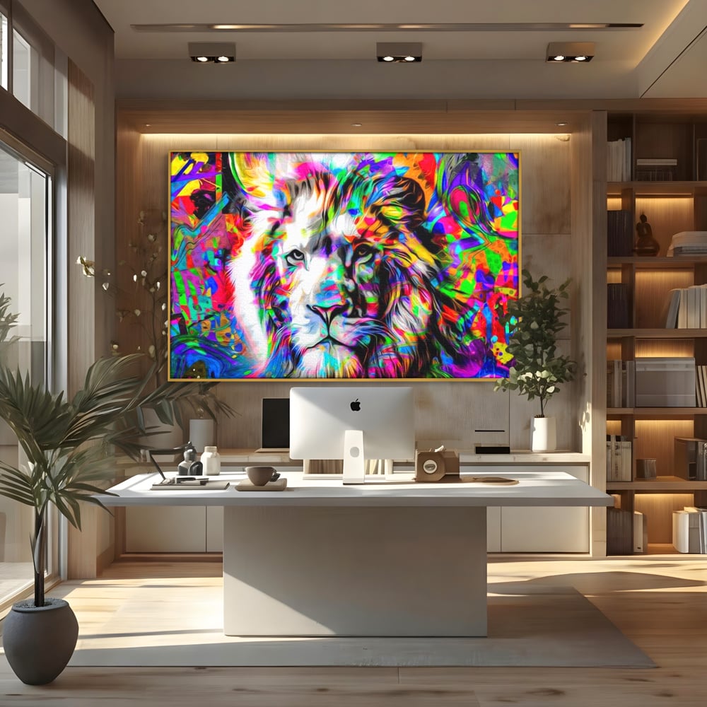 Leinwandbilder Premium, LuxCanva® M1386, Fury of Colours, Pop Art, Graffiti, Urban, Moderne Kunst, Löwe, Tier, König des Dschungels, Multicolor, Neon, Büro, Wohnen, Kinderzimmer