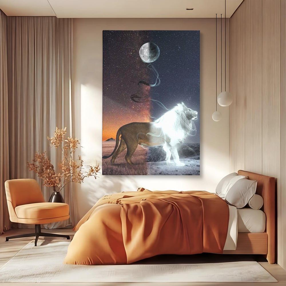 Leinwandbilder Premium, LuxCanva® M1387, Der Ruf des Mondes, Kosmisch, Universum, Sterne, Nacht, Dualität, Licht, Geist, Löwe, Energie, Ätherisch, Büro, Wohnen, Kinderzimmer