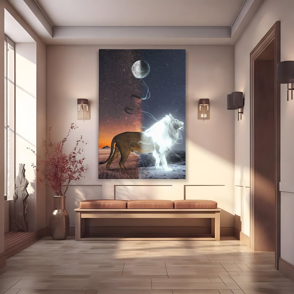 Leinwandbilder Premium, LuxCanva® M1387, Der Ruf des Mondes, Kosmisch, Universum, Sterne, Nacht, Dualität, Licht, Geist, Löwe, Energie, Ätherisch, Büro, Wohnen, Kinderzimmer