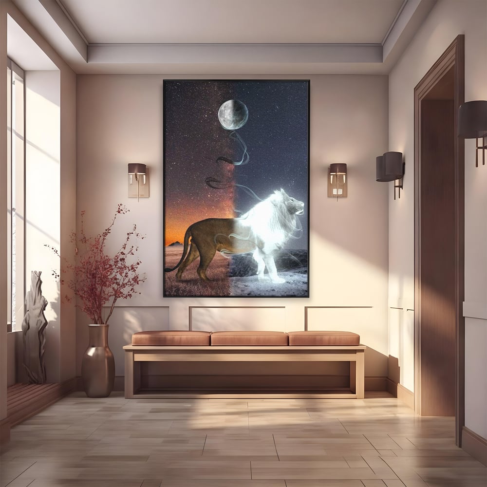 Leinwandbilder Premium, LuxCanva® M1387, Der Ruf des Mondes, Kosmisch, Universum, Sterne, Nacht, Dualität, Licht, Geist, Löwe, Energie, Ätherisch, Büro, Wohnen, Kinderzimmer