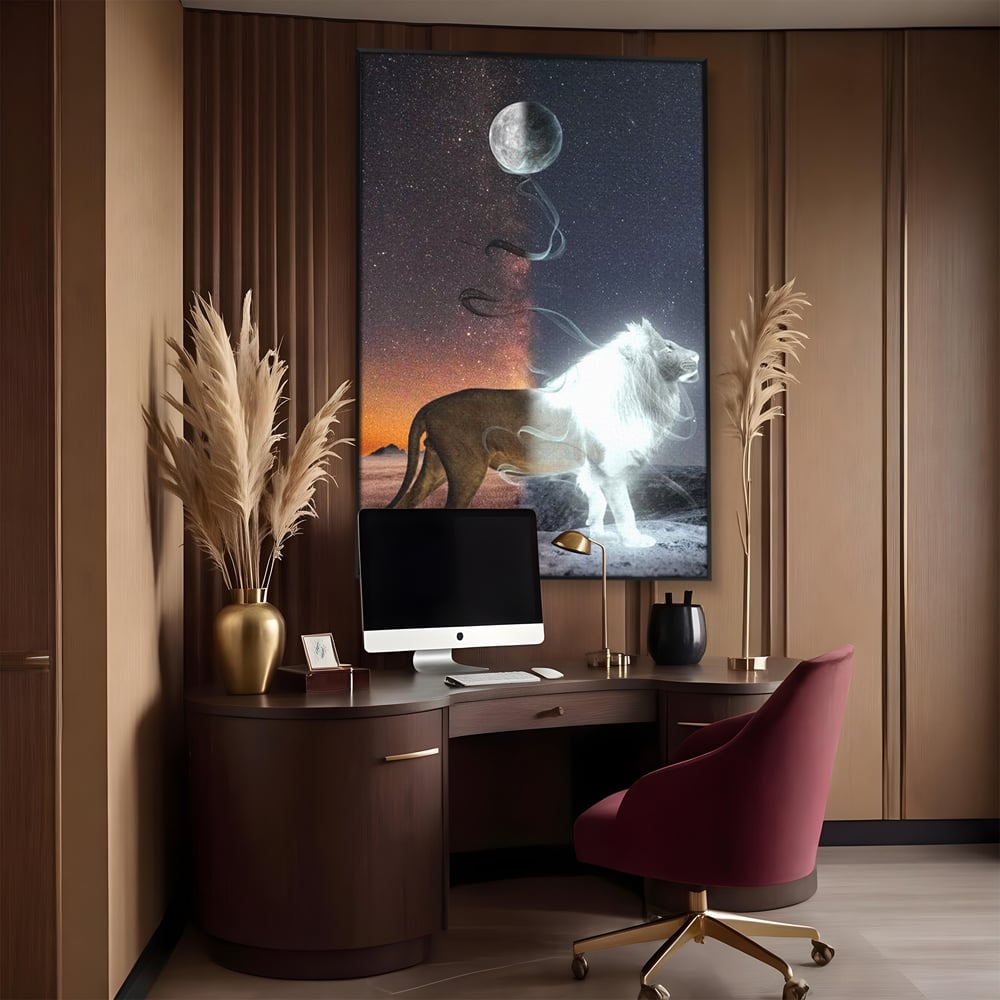 Leinwandbilder Premium, LuxCanva® M1387, Der Ruf des Mondes, Kosmisch, Universum, Sterne, Nacht, Dualität, Licht, Geist, Löwe, Energie, Ätherisch, Büro, Wohnen, Kinderzimmer