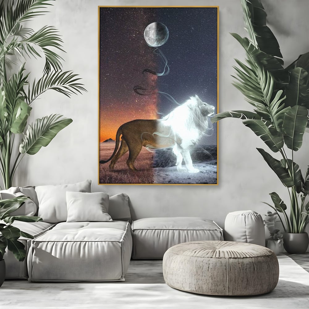Leinwandbilder Premium, LuxCanva® M1387, Der Ruf des Mondes, Kosmisch, Universum, Sterne, Nacht, Dualität, Licht, Geist, Löwe, Energie, Ätherisch, Büro, Wohnen, Kinderzimmer