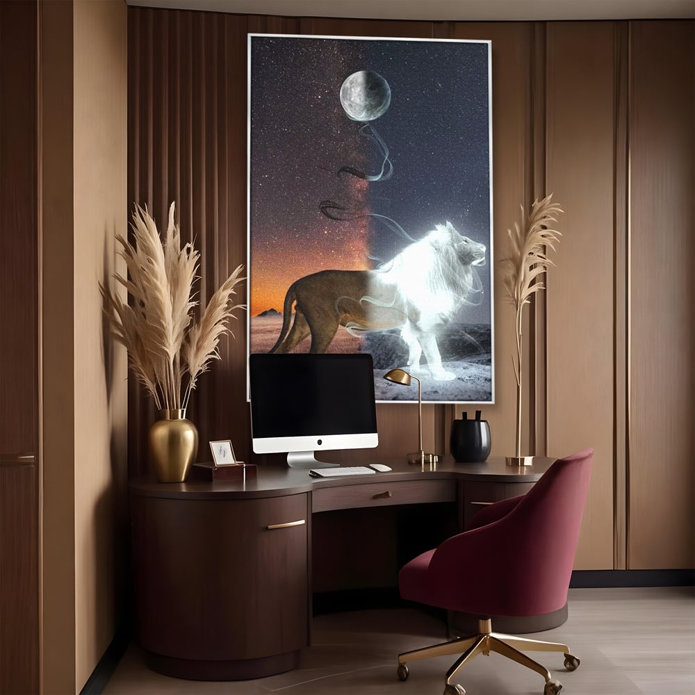 Leinwandbilder Premium, LuxCanva® M1387, Der Ruf des Mondes, Kosmisch, Universum, Sterne, Nacht, Dualität, Licht, Geist, Löwe, Energie, Ätherisch, Büro, Wohnen, Kinderzimmer