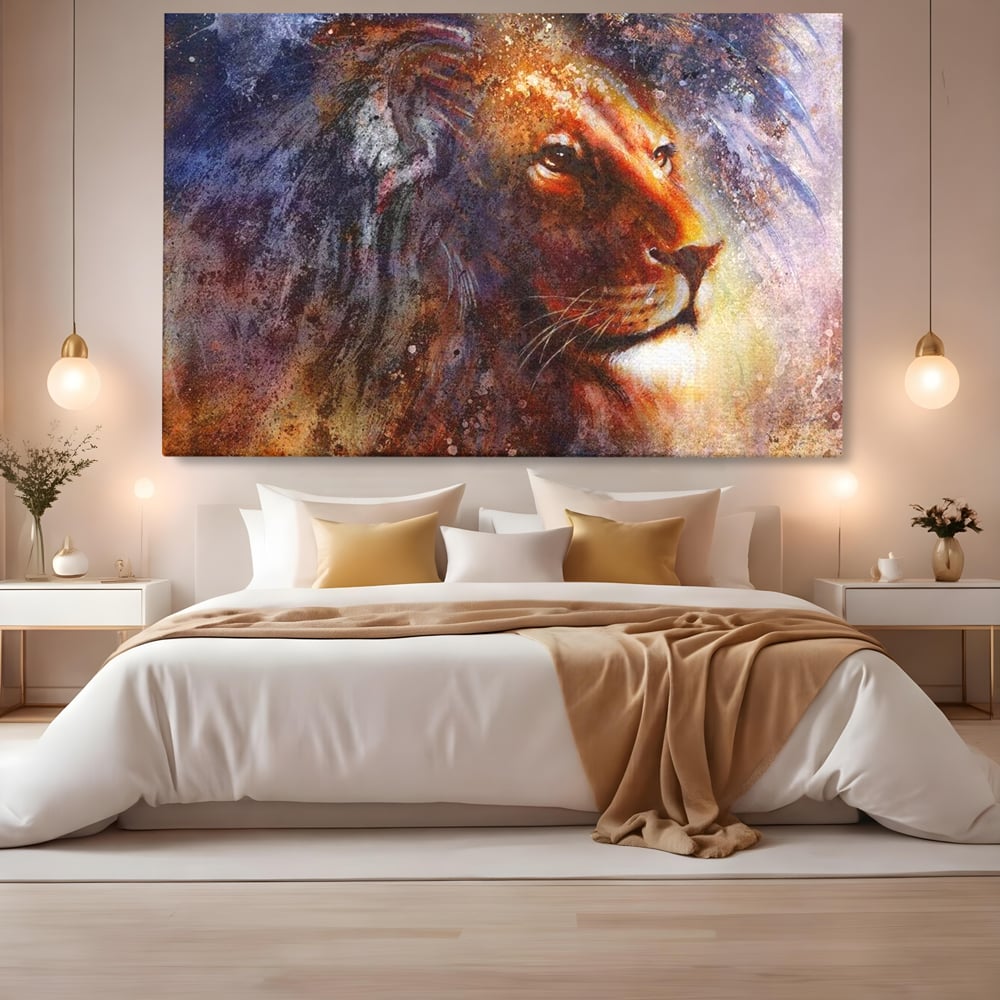 Tablou Canvas Premium, LuxCanva® M1388, Gardianul Universului, Leu, Regele Junglei, Nebuloasa, Stele, Univers, Aura, Expresiv, Infinit, Birou, Living, Camera Copil