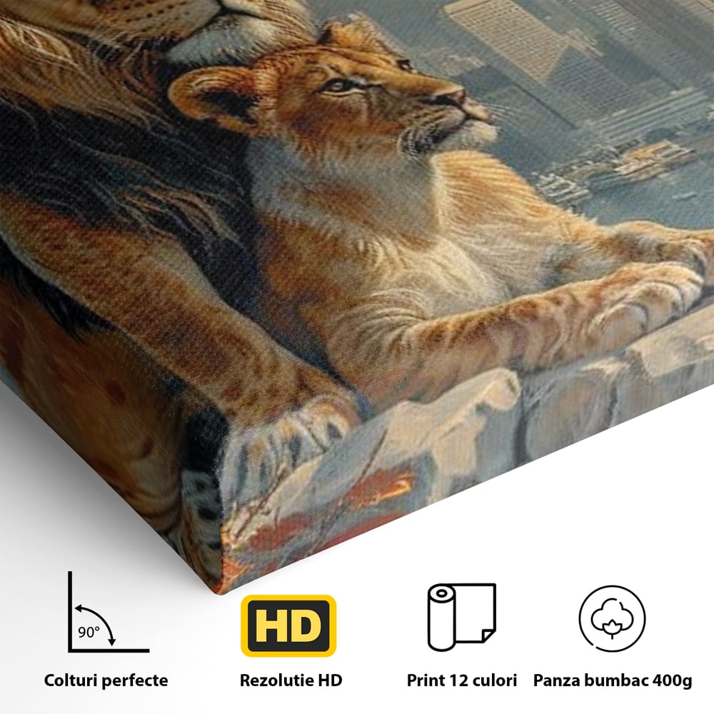 Tablou Canvas Premium, LuxCanva® M1389, Impreuna in Lumea Noua, Oras, Modern, Cladiri, Dualitate, Natura, Lei, Animale, Pereche, Arbori, Uniune, Birou, Living, Camera Copil