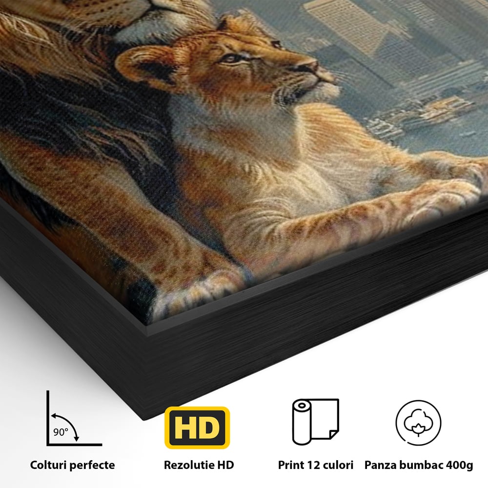 Tablou Canvas Premium, LuxCanva® M1389, Impreuna in Lumea Noua, Oras, Modern, Cladiri, Dualitate, Natura, Lei, Animale, Pereche, Arbori, Uniune, Birou, Living, Camera Copil