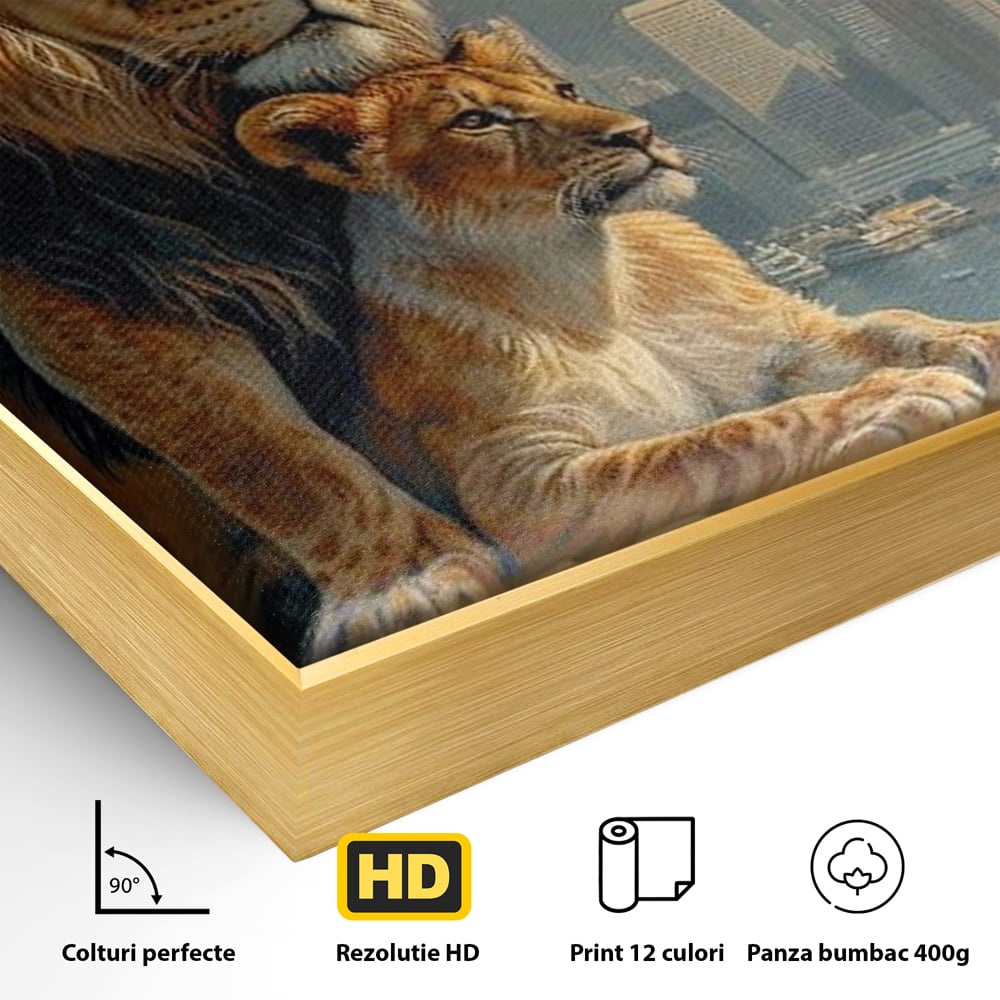 Tablou Canvas Premium, LuxCanva® M1389, Impreuna in Lumea Noua, Oras, Modern, Cladiri, Dualitate, Natura, Lei, Animale, Pereche, Arbori, Uniune, Birou, Living, Camera Copil