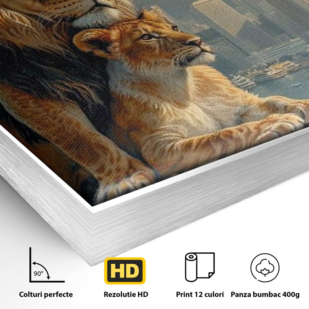 Tablou Canvas Premium, LuxCanva® M1389, Impreuna in Lumea Noua, Oras, Modern, Cladiri, Dualitate, Natura, Lei, Animale, Pereche, Arbori, Uniune, Birou, Living, Camera Copil