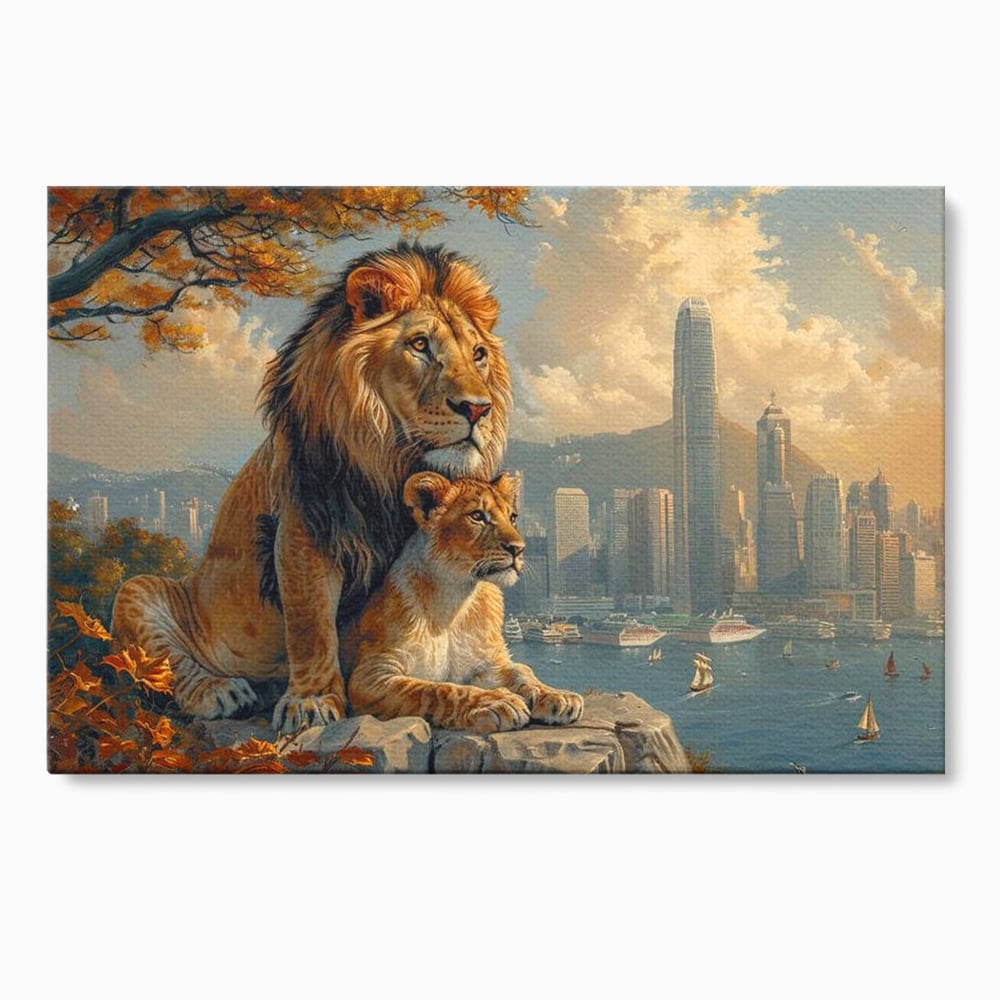 Tablou Canvas Premium, LuxCanva® M1389, Impreuna in Lumea Noua, Oras, Modern, Cladiri, Dualitate, Natura, Lei, Animale, Pereche, Arbori, Uniune, Birou, Living, Camera Copil