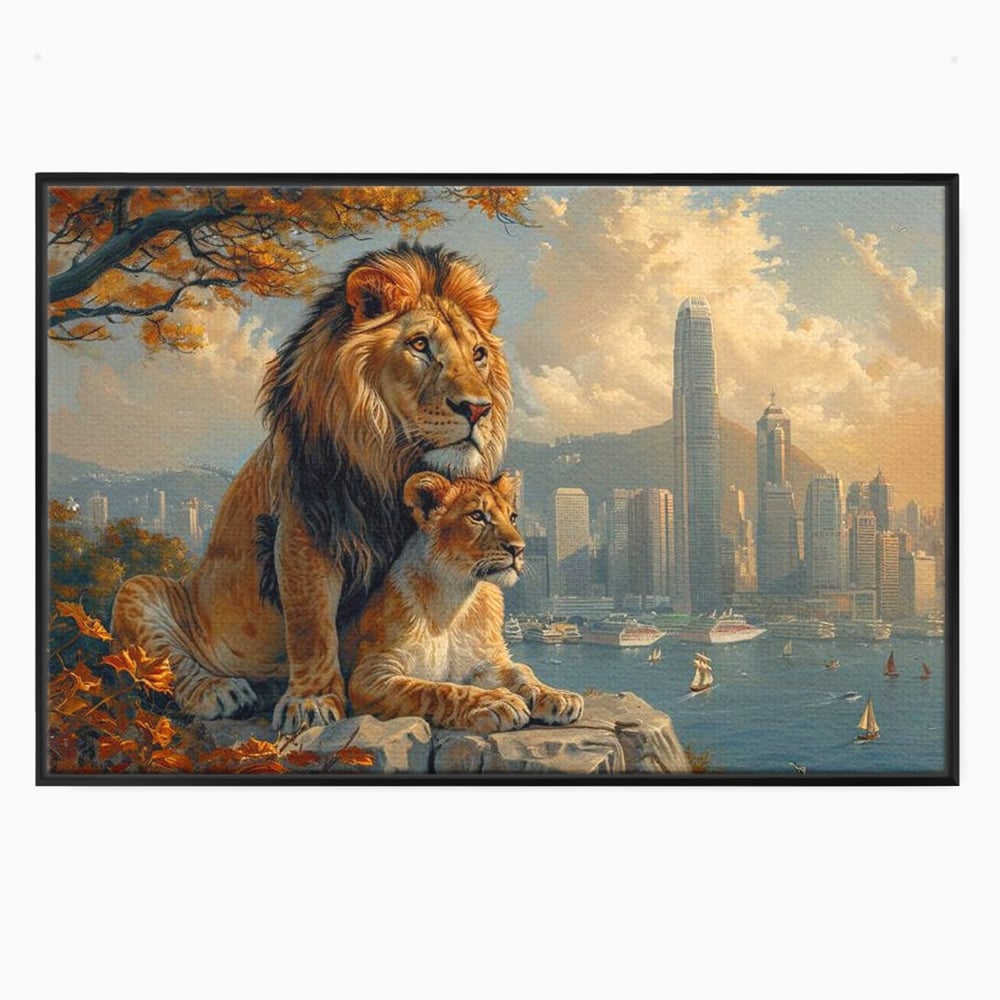 Tablou Canvas Premium, LuxCanva® M1389, Impreuna in Lumea Noua, Oras, Modern, Cladiri, Dualitate, Natura, Lei, Animale, Pereche, Arbori, Uniune, Birou, Living, Camera Copil