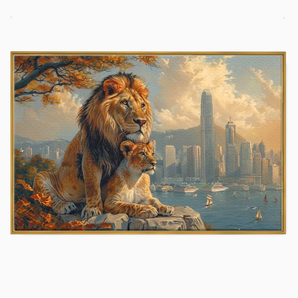 Tablou Canvas Premium, LuxCanva® M1389, Impreuna in Lumea Noua, Oras, Modern, Cladiri, Dualitate, Natura, Lei, Animale, Pereche, Arbori, Uniune, Birou, Living, Camera Copil