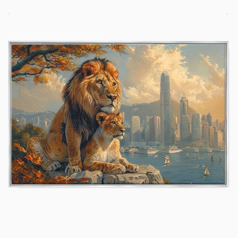Tablou Canvas Premium, LuxCanva® M1389, Impreuna in Lumea Noua, Oras, Modern, Cladiri, Dualitate, Natura, Lei, Animale, Pereche, Arbori, Uniune, Birou, Living, Camera Copil
