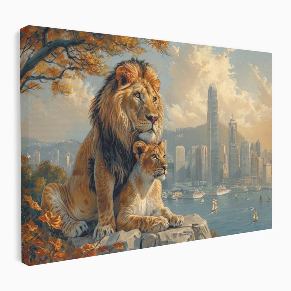 Tablou Canvas Premium, LuxCanva® M1389, Impreuna in Lumea Noua, Oras, Modern, Cladiri, Dualitate, Natura, Lei, Animale, Pereche, Arbori, Uniune, Birou, Living, Camera Copil