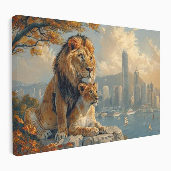 Tablou Canvas Premium, LuxCanva® M1389, Impreuna in Lumea Noua, Oras, Modern, Cladiri, Dualitate, Natura, Lei, Animale, Pereche, Arbori, Uniune, Birou, Living, Camera Copil