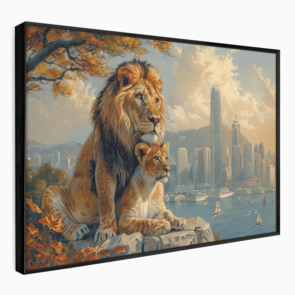 Tablou Canvas Premium, LuxCanva® M1389, Impreuna in Lumea Noua, Oras, Modern, Cladiri, Dualitate, Natura, Lei, Animale, Pereche, Arbori, Uniune, Birou, Living, Camera Copil
