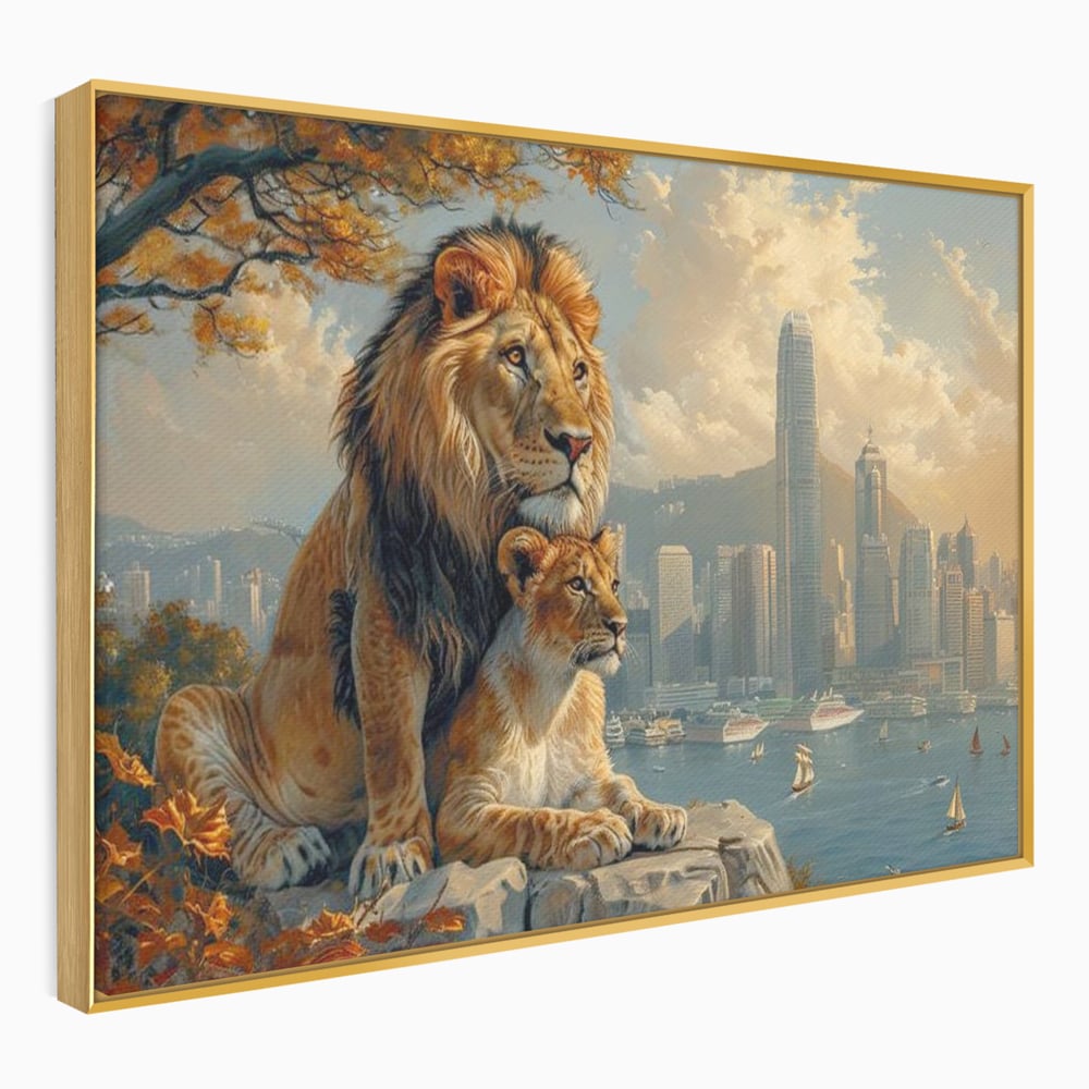 Tablou Canvas Premium, LuxCanva® M1389, Impreuna in Lumea Noua, Oras, Modern, Cladiri, Dualitate, Natura, Lei, Animale, Pereche, Arbori, Uniune, Birou, Living, Camera Copil