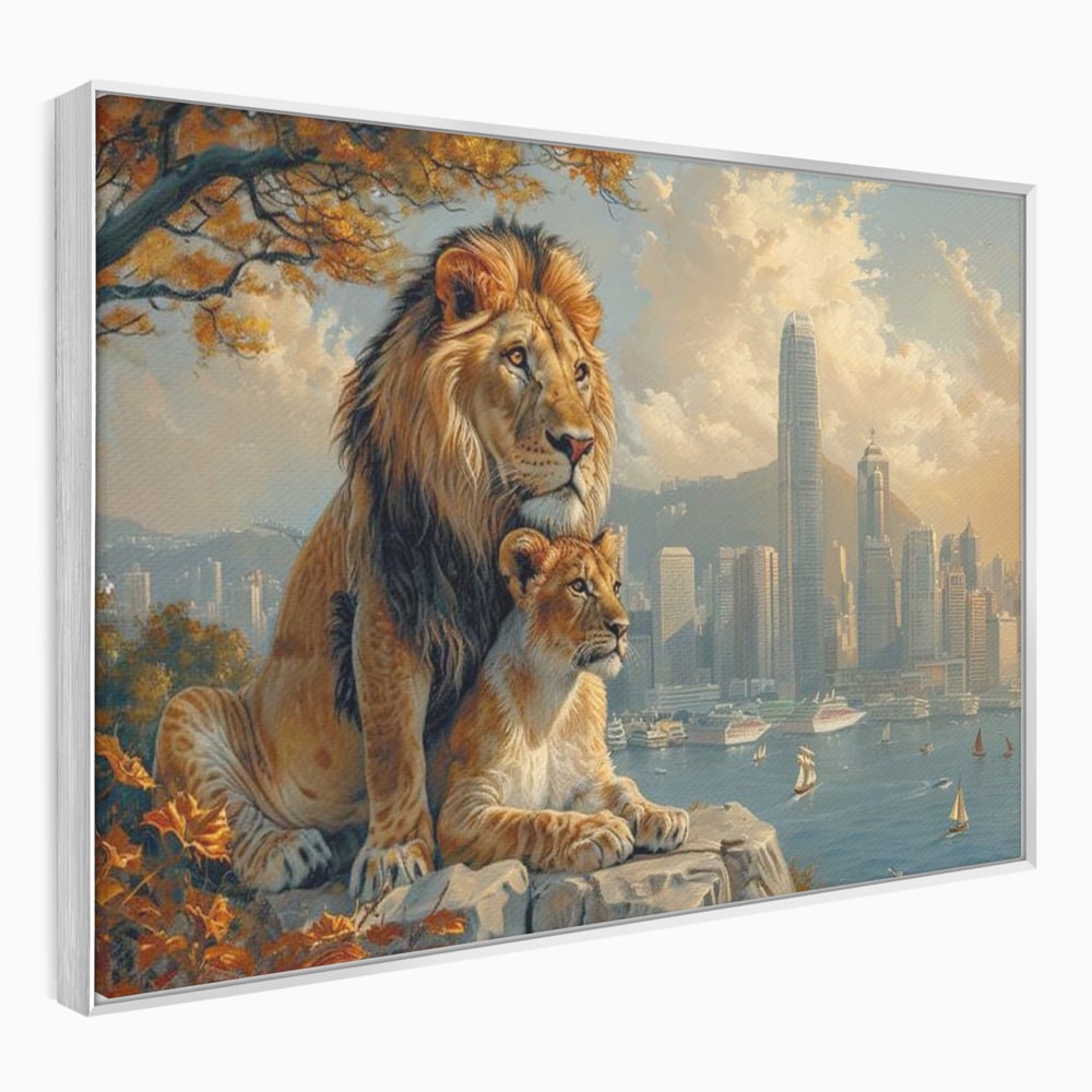 Tablou Canvas Premium, LuxCanva® M1389, Impreuna in Lumea Noua, Oras, Modern, Cladiri, Dualitate, Natura, Lei, Animale, Pereche, Arbori, Uniune, Birou, Living, Camera Copil