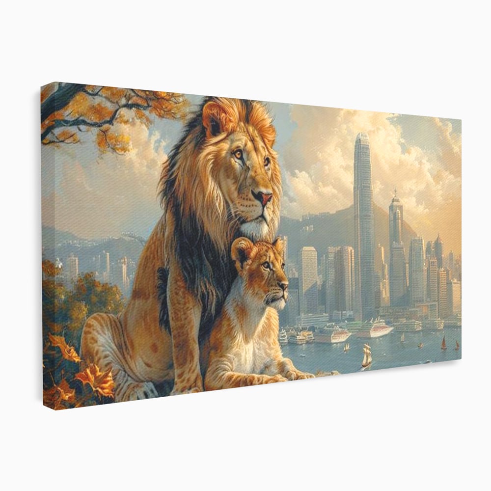 Tablou Canvas Premium, LuxCanva® M1389, Impreuna in Lumea Noua, Oras, Modern, Cladiri, Dualitate, Natura, Lei, Animale, Pereche, Arbori, Uniune, Birou, Living, Camera Copil