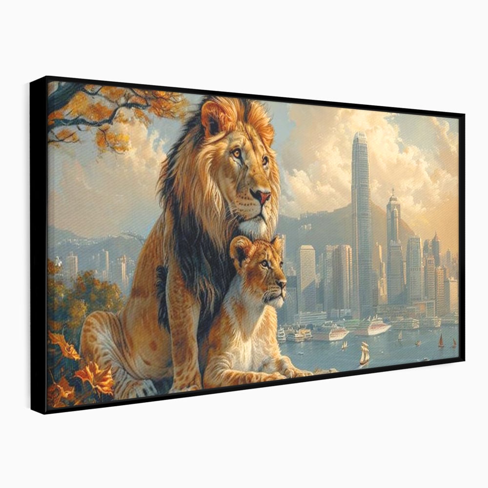 Tablou Canvas Premium, LuxCanva® M1389, Impreuna in Lumea Noua, Oras, Modern, Cladiri, Dualitate, Natura, Lei, Animale, Pereche, Arbori, Uniune, Birou, Living, Camera Copil