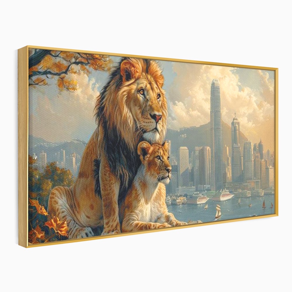 Tablou Canvas Premium, LuxCanva® M1389, Impreuna in Lumea Noua, Oras, Modern, Cladiri, Dualitate, Natura, Lei, Animale, Pereche, Arbori, Uniune, Birou, Living, Camera Copil