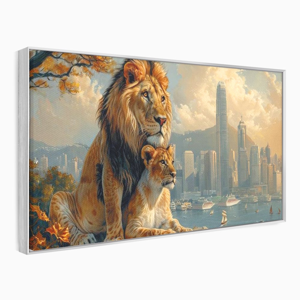 Tablou Canvas Premium, LuxCanva® M1389, Impreuna in Lumea Noua, Oras, Modern, Cladiri, Dualitate, Natura, Lei, Animale, Pereche, Arbori, Uniune, Birou, Living, Camera Copil