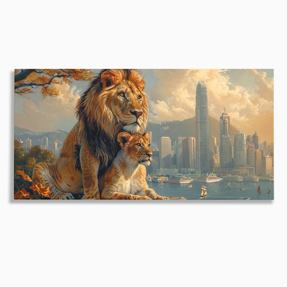 Tablou Canvas Premium, LuxCanva® M1389, Impreuna in Lumea Noua, Oras, Modern, Cladiri, Dualitate, Natura, Lei, Animale, Pereche, Arbori, Uniune, Birou, Living, Camera Copil