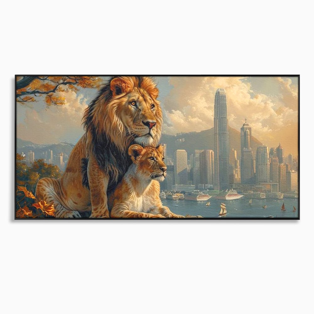 Tablou Canvas Premium, LuxCanva® M1389, Impreuna in Lumea Noua, Oras, Modern, Cladiri, Dualitate, Natura, Lei, Animale, Pereche, Arbori, Uniune, Birou, Living, Camera Copil