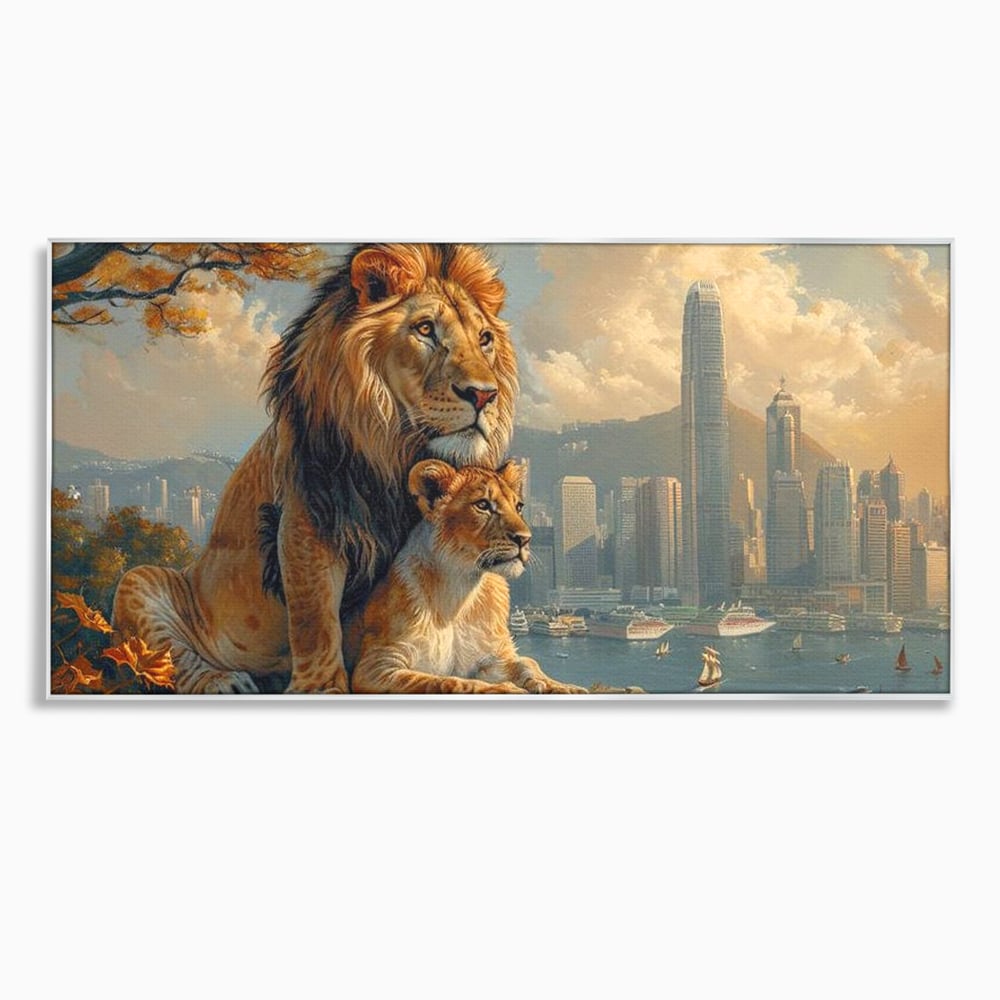 Tablou Canvas Premium, LuxCanva® M1389, Impreuna in Lumea Noua, Oras, Modern, Cladiri, Dualitate, Natura, Lei, Animale, Pereche, Arbori, Uniune, Birou, Living, Camera Copil