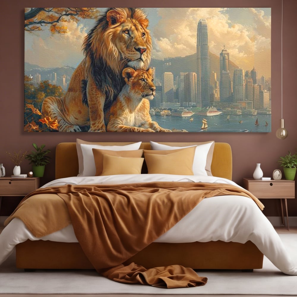 Tablou Canvas Premium, LuxCanva® M1389, Impreuna in Lumea Noua, Oras, Modern, Cladiri, Dualitate, Natura, Lei, Animale, Pereche, Arbori, Uniune, Birou, Living, Camera Copil