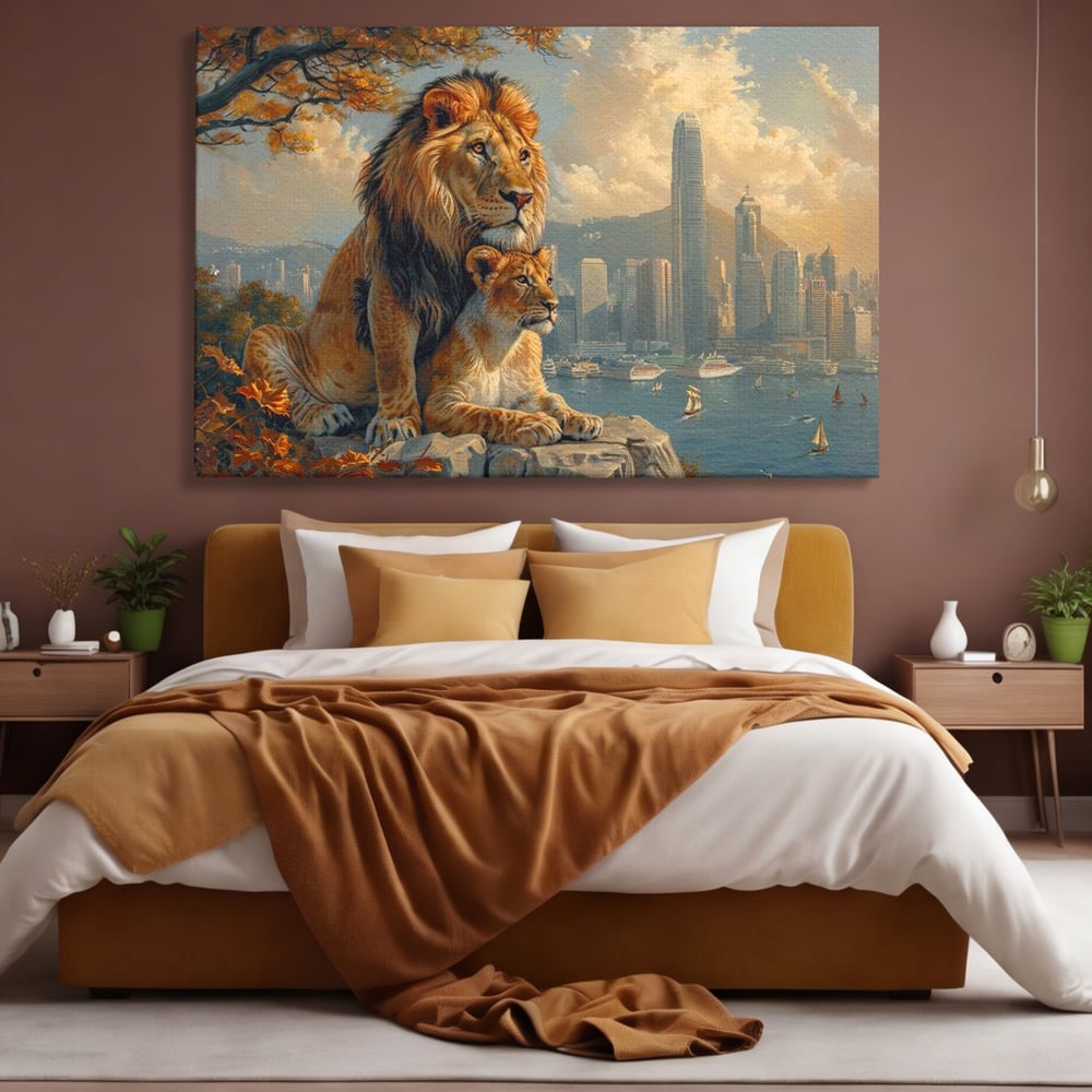 Tablou Canvas Premium, LuxCanva® M1389, Impreuna in Lumea Noua, Oras, Modern, Cladiri, Dualitate, Natura, Lei, Animale, Pereche, Arbori, Uniune, Birou, Living, Camera Copil